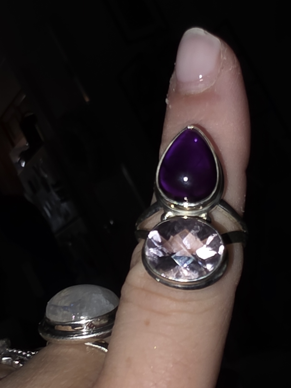Sterling Silver Dual-Stone Ring with Purple Teardrop and Light Pink Oval